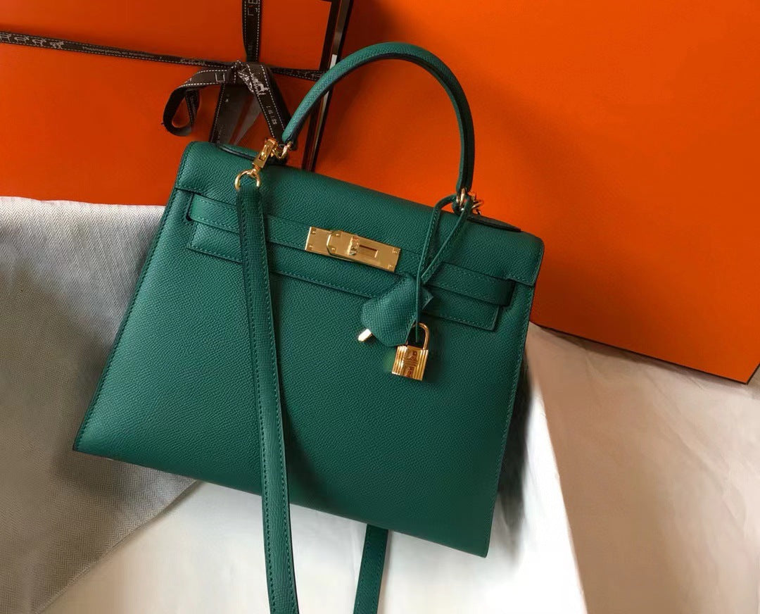 Genuine Epsom Calfskin Leather Kelly-Style 25/28 Top Handle Bag for Women, Premium Commute Handbag with Chic Fashionable Design for Ladies