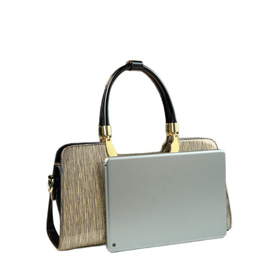 Vintage Gold-Tone Boston Bag for Women Large Capacity Shoulder Handbag, High-Quality Textured Purse with Versatile Travel Style