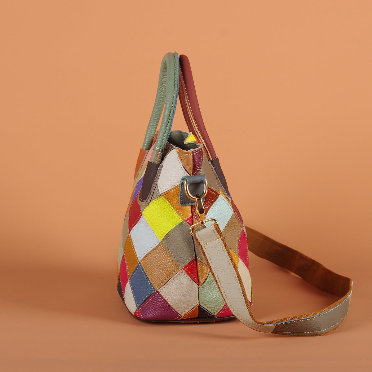 Genuine Leather Colorful Plaid Patchwork Handbag for Women, Ethnic Casual Shoulder Crossbody Top Handle Purse, Color Block Designer Bag for Ladies