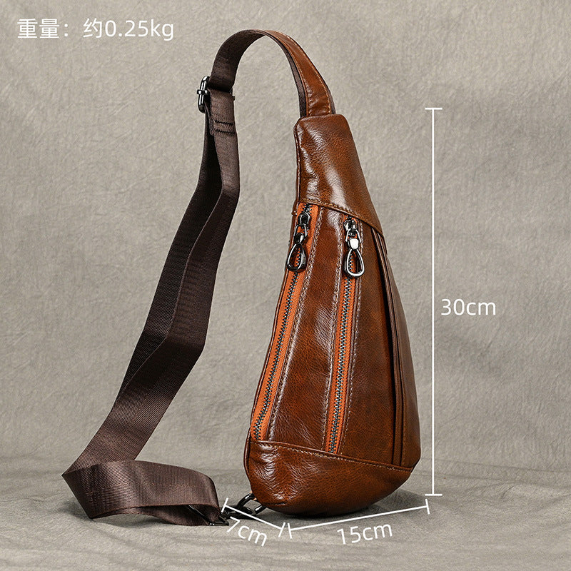 Creative Fashion Black Chest Bag in Top Layer Cowhide, Crossbody Shoulder Pouch, Outdoor Casual Bag for Men