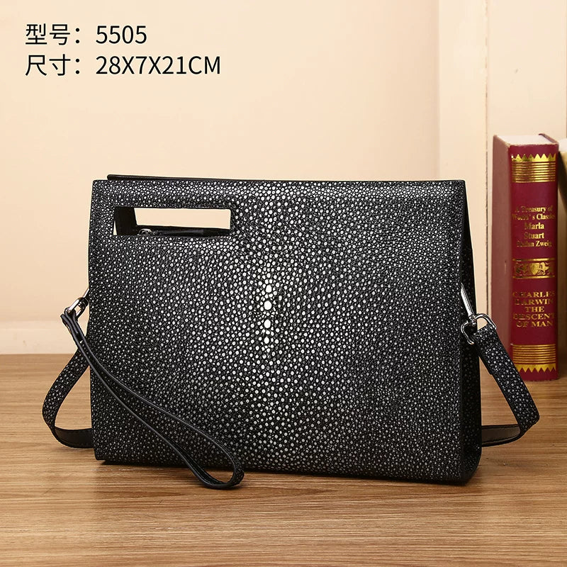 Genuine Leather Pearl Fish Grain Men's Crossbody Bag Large Capacity Multi-Functional Shoulder Handbag with Premium Starry Texture