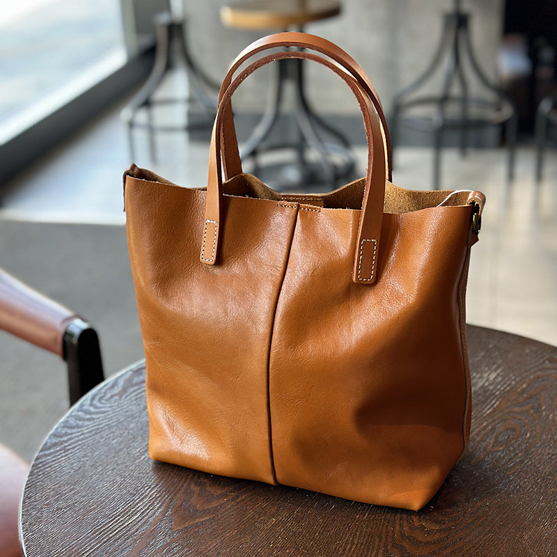 Genuine Cowhide Handbag for Women, New Spring Summer Japanese Vintage Shoulder Crossbody Top Handle Purse, Minimalist Commute Bag for Ladies