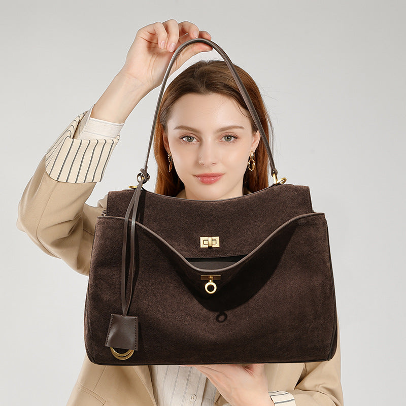 Genuine Suede Matte Cowhide Rodeo Tote Bag for Women, Structured Underarm Shoulder Purse, Large Capacity Premium Commute Handbag for Ladies