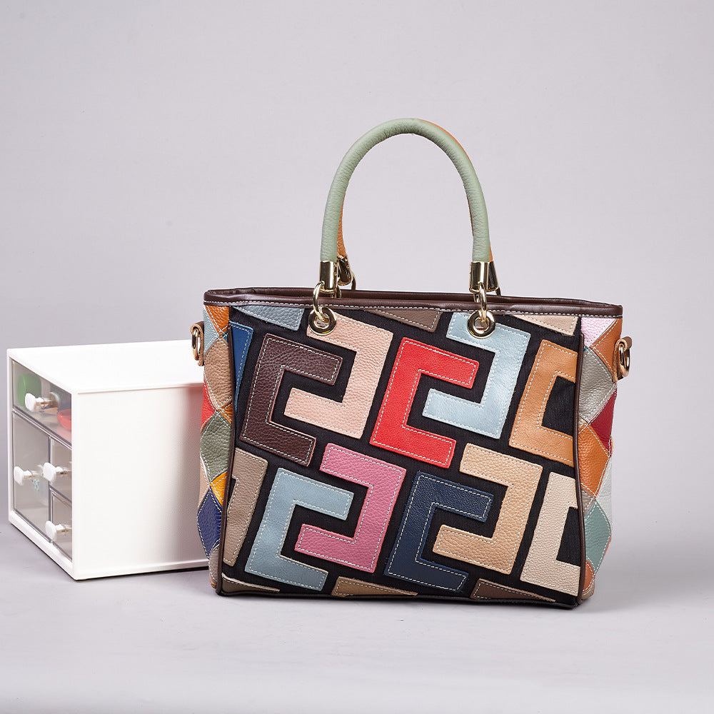 Colorful Patchwork Ethnic Style Genuine Leather Bag, Wholesale Trendy Shoulder Crossbody Top Handle Purse, Versatile Handbag for Women