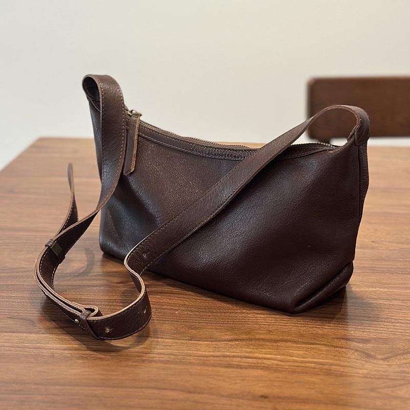Vegetable-Tanned Soft Cowhide Crossbody Bag for Women, Vintage Pleated Shoulder Purse, Casual Small Leather Handbag for Ladies