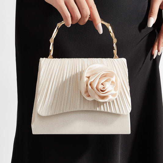French Style Light Luxury Evening Clutch for Women, New Pleated Satin Floral Gold Bamboo Handle Top Handle Bag, Elegant Gown Party Purse for Ladies