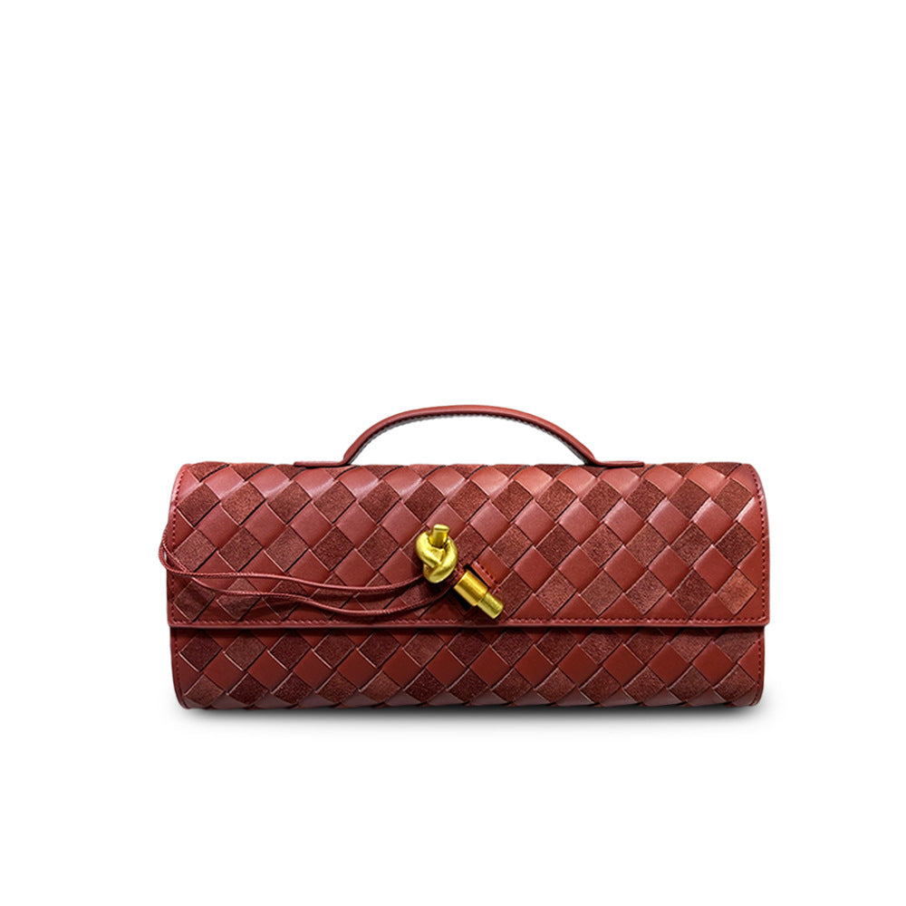 Matte leather spliced woven clutch, vintage metal latch evening bag, fashionable baguette bag for women