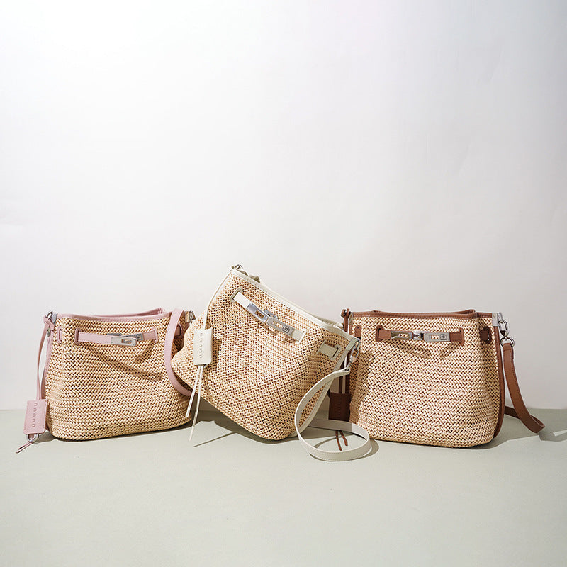 Woven Beach Bucket Bag for Women, New Summer Vacation Slouchy Shoulder Crossbody Top Handle Purse, Versatile Casual Handbag for Ladies