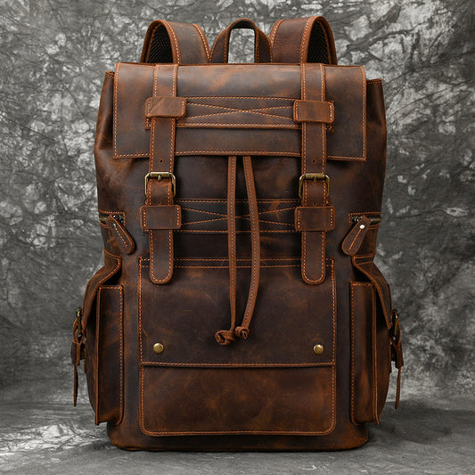 16-Inch Vintage Crazy Horse Leather Backpack, Large Capacity Travel Daypack, Durable Genuine Leather Bag for Men