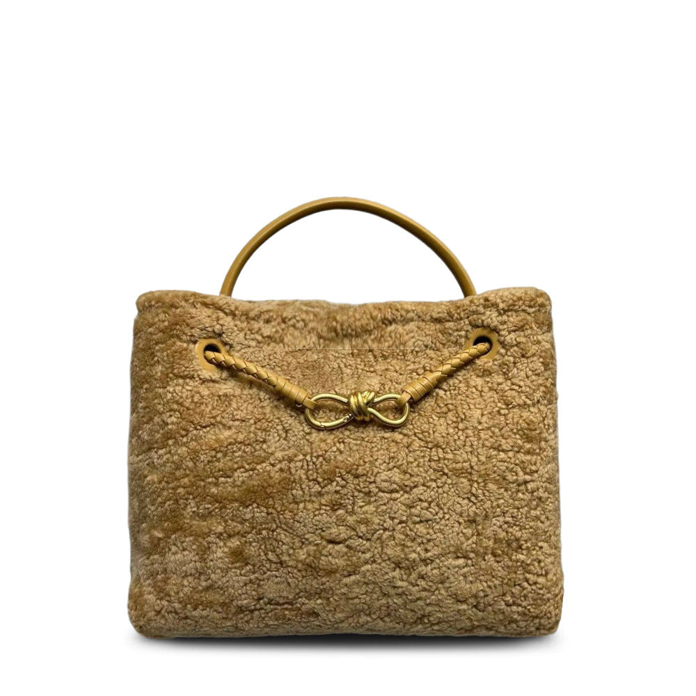 New Fall/Winter Lamb Wool Woven Tote with Metal Buckle, Vintage Large Commuter Shoulder & Crossbody Bag for Women