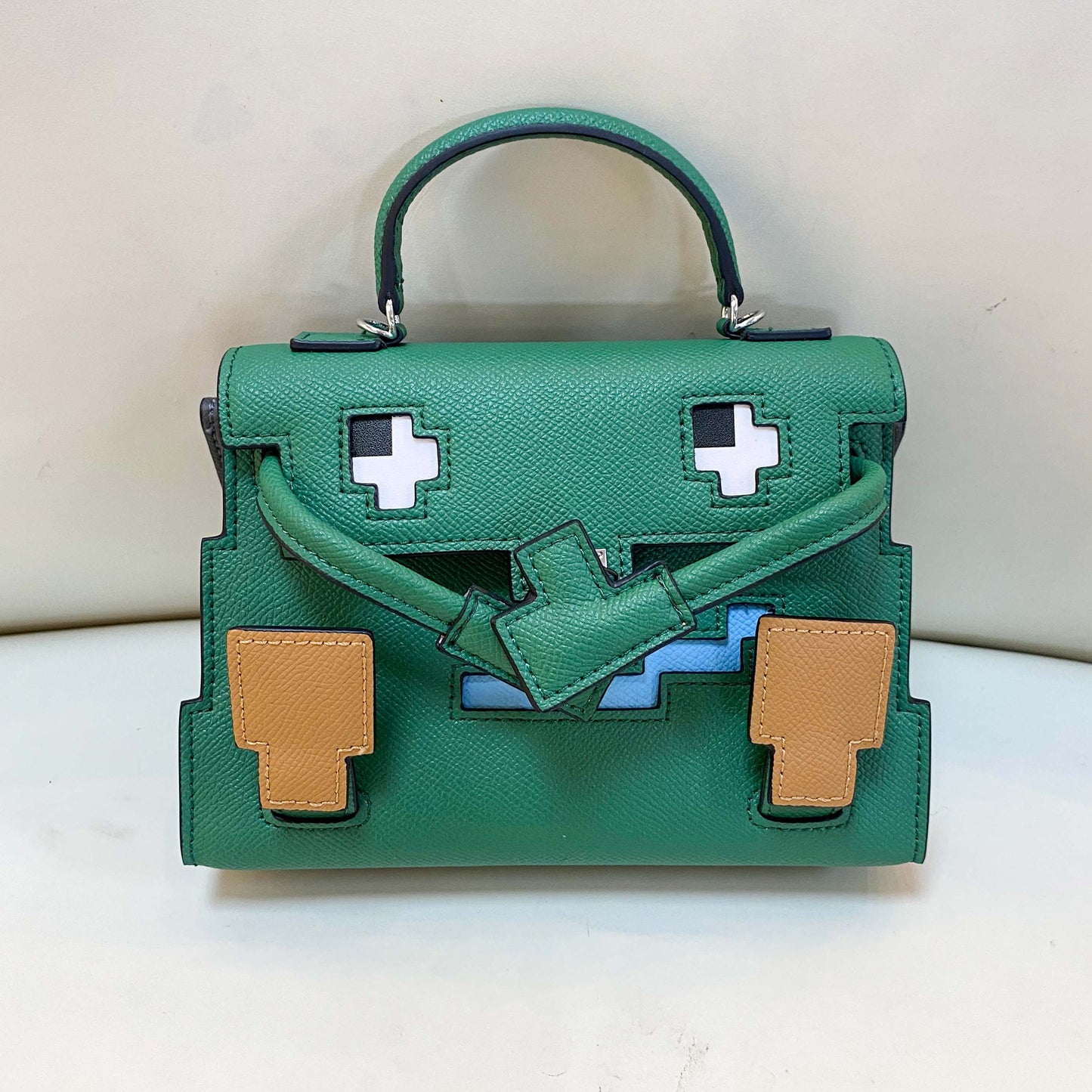 Genuine Leather Mosaic Doll Kelly-Style Bag for Women, Summer Bestseller Niche Designer Top Handle Shoulder Crossbody Purse, Cartoon Print Handbag for Ladies