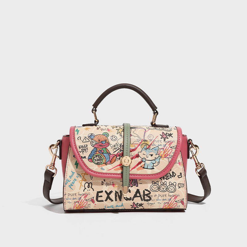 Bear graffiti genuine leather bag new high-end retro foreign style handbag niche shoulder messenger bag tide