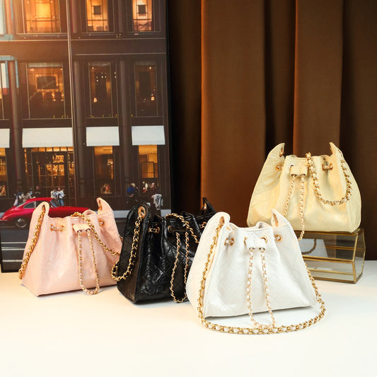 Quilted Drawstring Bucket Bag for Women Creamy Chain Shoulder Crossbody Handbag, Soft Versatile Purse with Sweet Spring Style