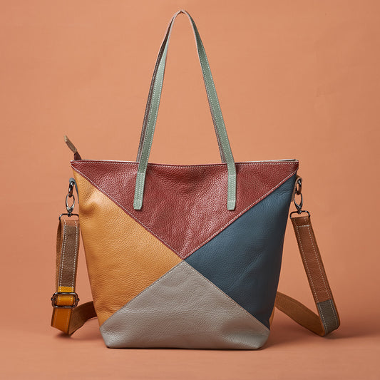 Vintage Color Block Large Capacity Tote Bag in Top Layer Cowhide, Handmade Patchwork Shoulder Crossbody Purse, Chic Handbag for Women
