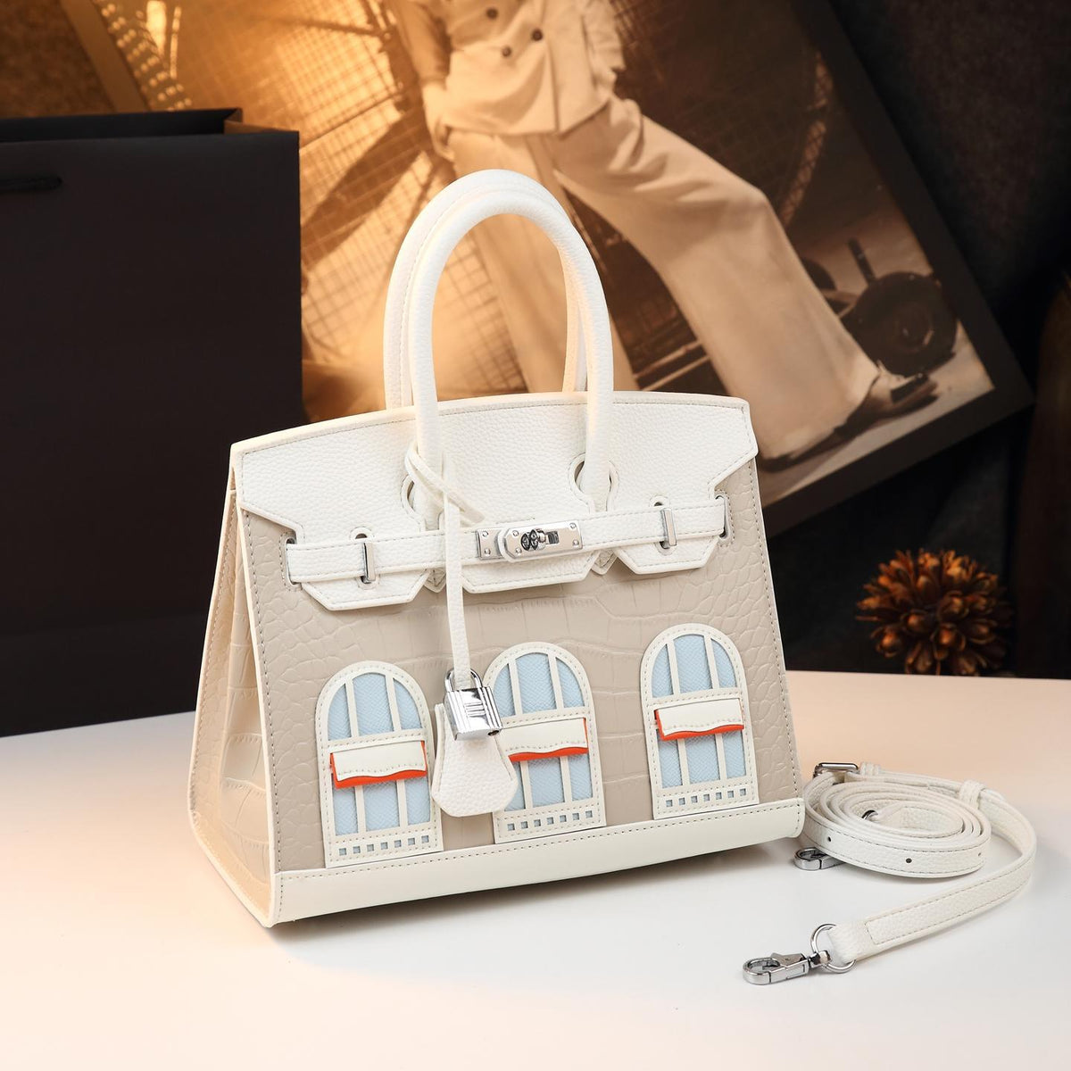 Chic Croc-Embossed Birkin-Inspired Tote Bag for Women, Premium Genuine Leather Top-Handle Shoulder Crossbody Handbag with Sophisticated Elegant Design, Trendy Everyday Purse