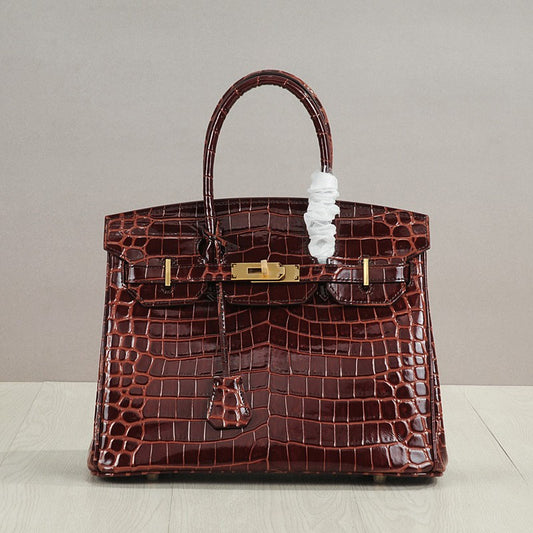 Genuine Leather Crocodile-Embossed Birkin-Style Bag for Women, New Large Capacity Commute Top Handle Shoulder Crossbody Purse, Fashionable Versatile Handbag for Ladies