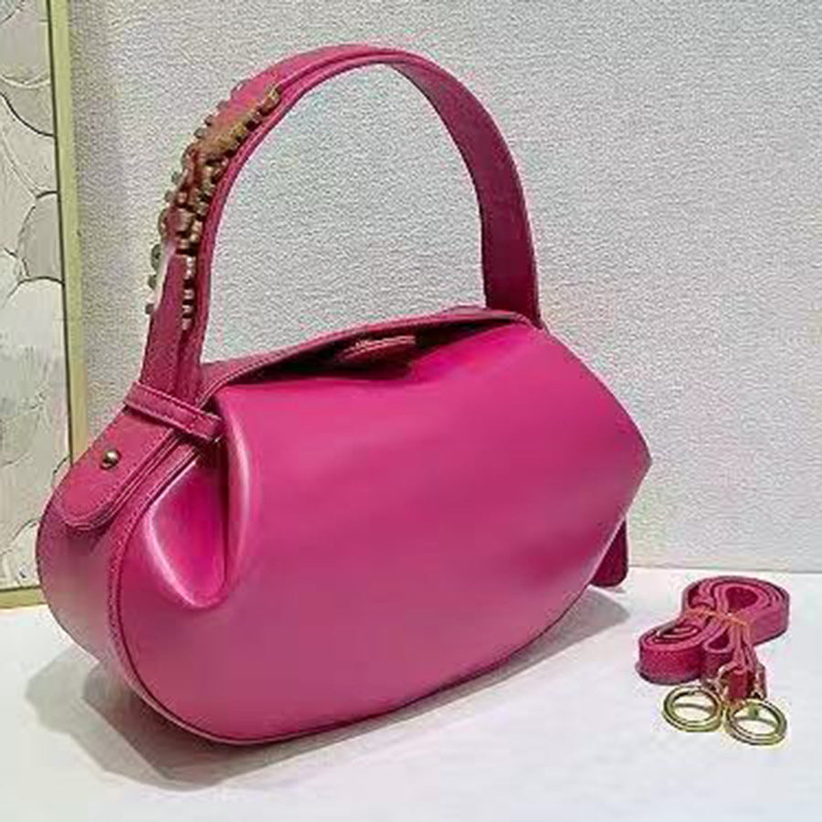 French Style Soft Leather Pleated Cloud Dumpling Bag for Women with Metal Letter Embellishment, Minimalist Solid Color Shoulder Crossbody Handbag