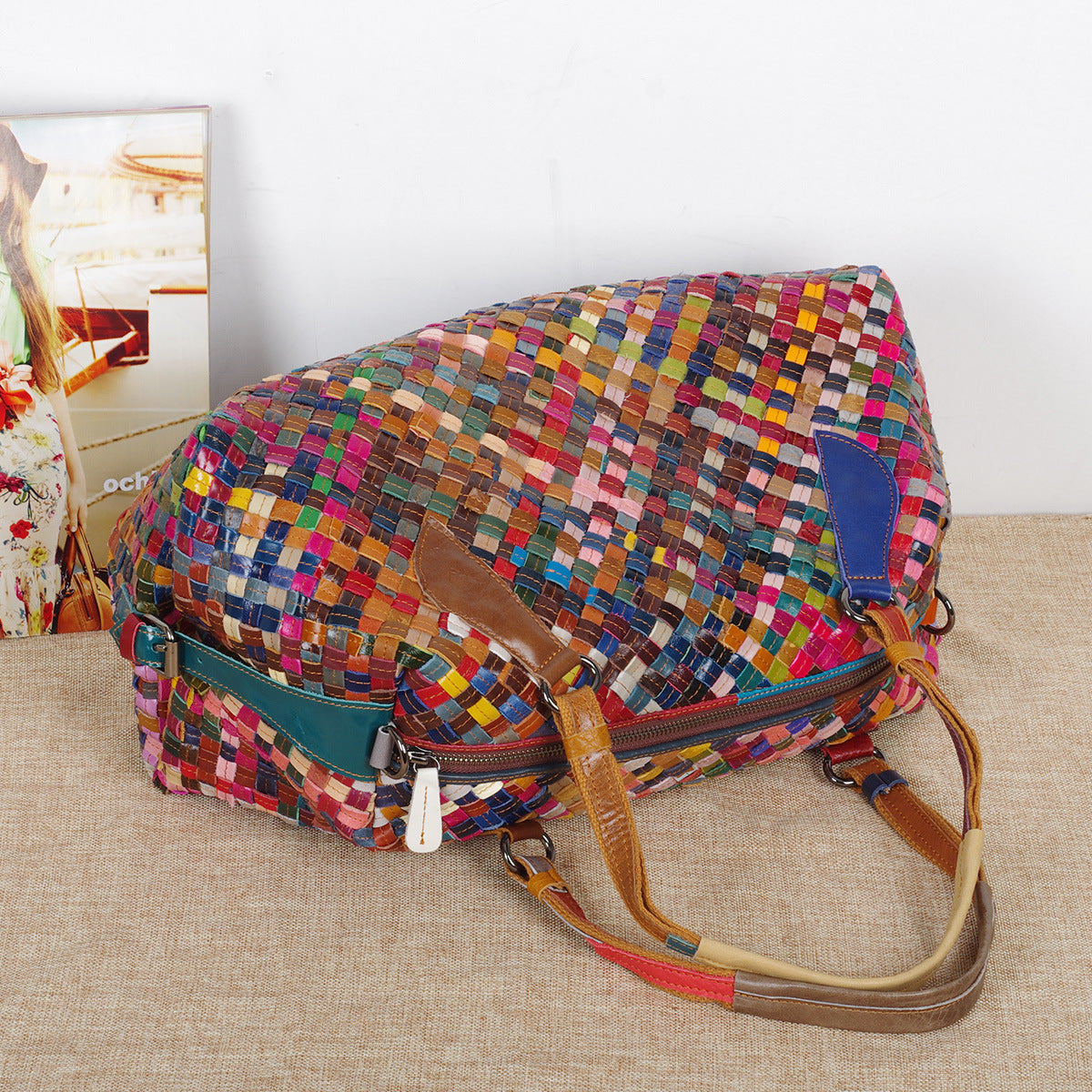 Colorful Patchwork Woven Genuine Leather Tote, Large Capacity Travel Shoulder Crossbody Bag, Designer Handbag for Women