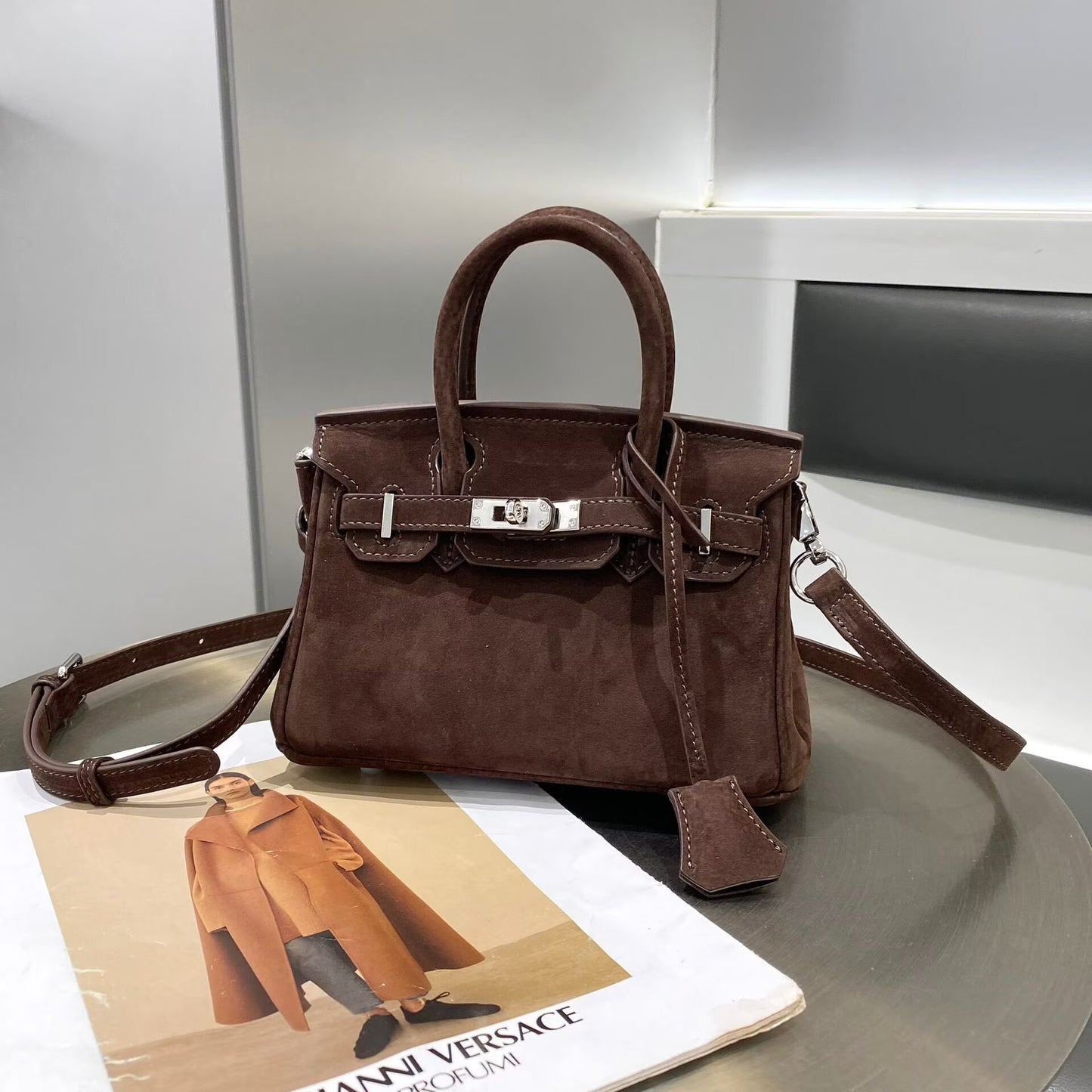 Genuine Cowhide Suede Birkin-Style Handbag for Women, New Premium Shoulder Top Handle Purse, Maillard Style Fashionable Chic Bag for Ladies