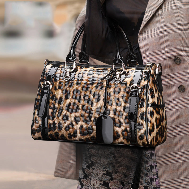 Premium Boston Bag in Genuine Cowhide, Leopard Print Large Capacity Top Handle Crossbody Purse, Stylish Handbag for Women