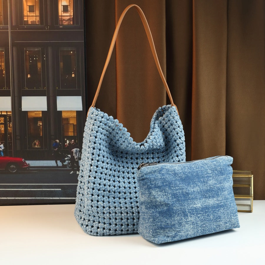 Handwoven Nylon Bucket Bag Set for Women Large Capacity Hollow Knit Sub-Bag, Casual Versatile Underarm Shoulder Purse with 2-in-1 Design