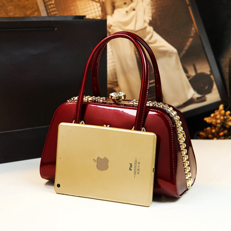 Women's Patent Leather Handbag Shiny Shoulder Crossbody Bag for Middle-Aged Ladies Fashion Mom Purse Light Luxury Top Handle Clasp Bag