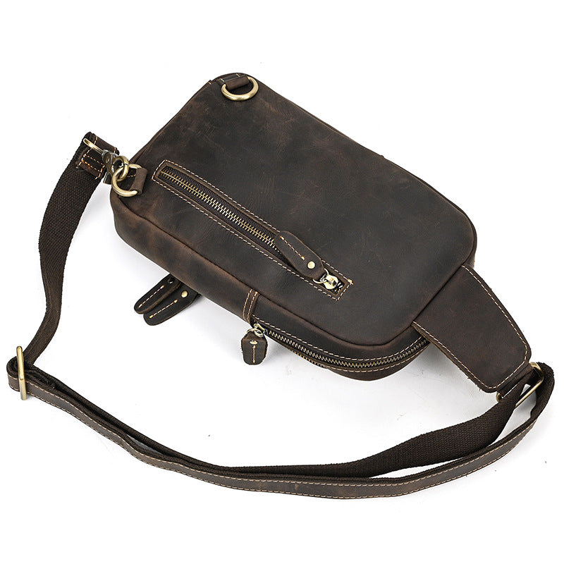 Crazy Horse Leather Chest Crossbody Bag, Casual Shoulder Pouch, Commute Outdoor Travel Pack for Men