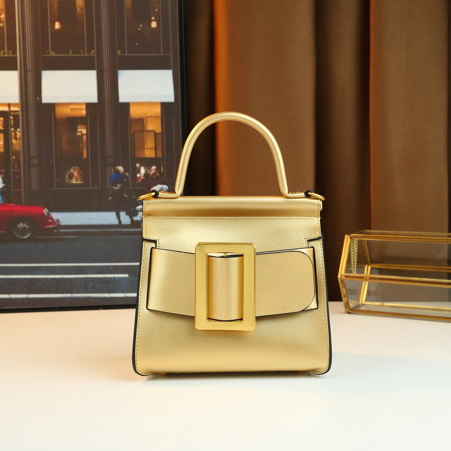 Korean Style Belt Buckle Square Bag for Women Minimalist Top Handle Shoulder Crossbody Purse, Versatile Elegant Handbag with Clean Modern Design