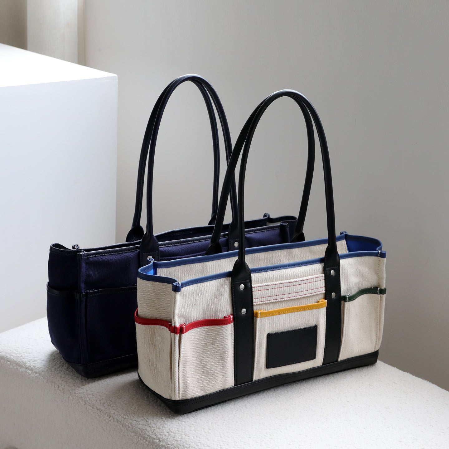 Canvas and Cowhide Utility Tote Bag for Women Multi-Pocket Large Capacity Shoulder Handbag, Color-Block Workwear Style with Versatile Design