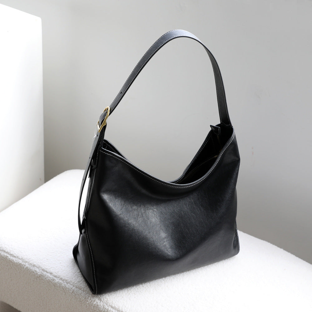 Vegetable-Tanned Cowhide Tote Bag for Women Vintage Large Capacity Commuter Shoulder Handbag, Niche Leather Purse with Natural Patina