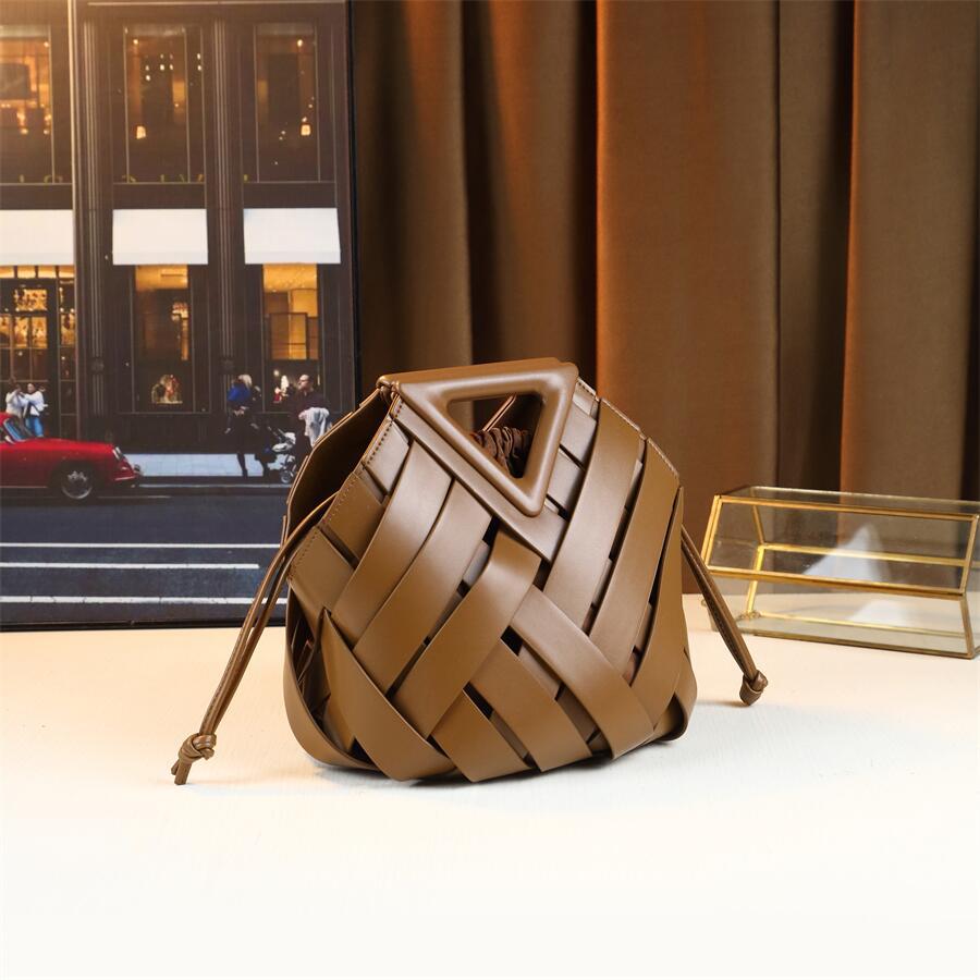 Woven Hollow Basket Bucket Bag for Women Genuine Leather Shoulder Crossbody Handbag, Fashionable Purse with Natural Artisan Texture