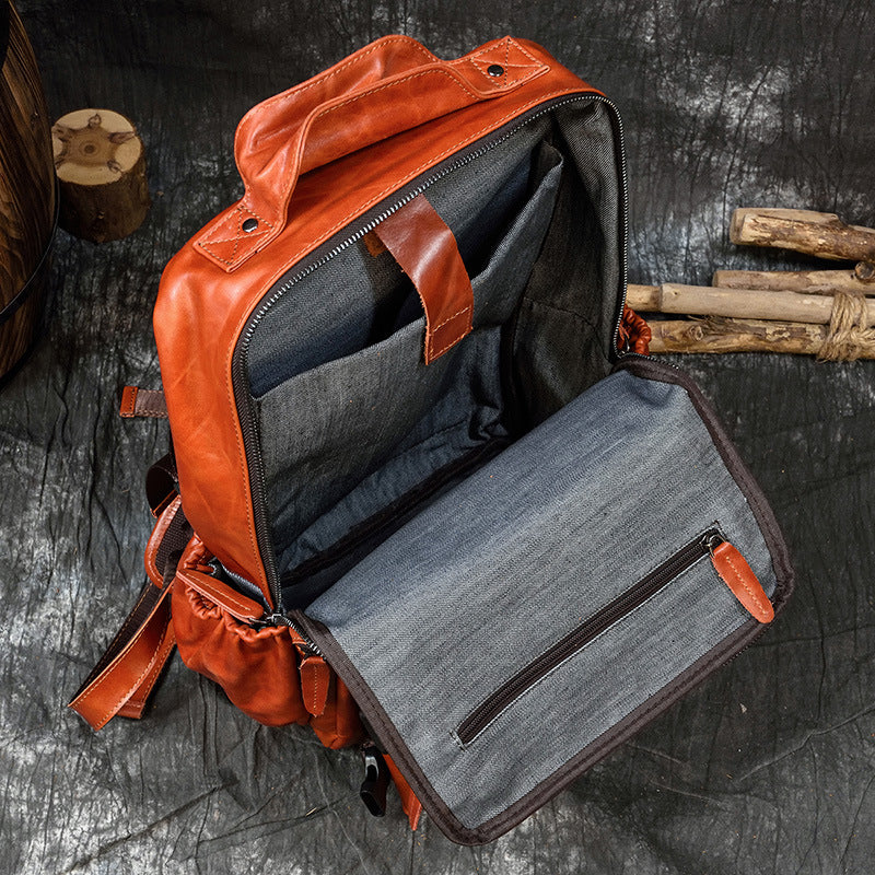 Genuine Oil Leather 14-Inch Laptop Backpack for Men and Women, Commute Travel Daypack, Premium Cowhide Rucksack for Ladies and Gentlemen