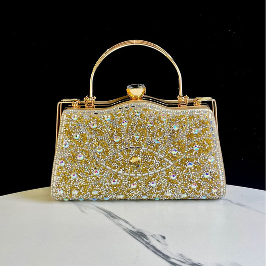 Women's Rhinestone-Embellished Evening Clutch, Exquisite Cheongsam Banquet Handbag with Top Handle, Glamorous Crystal Purse for Formal Events