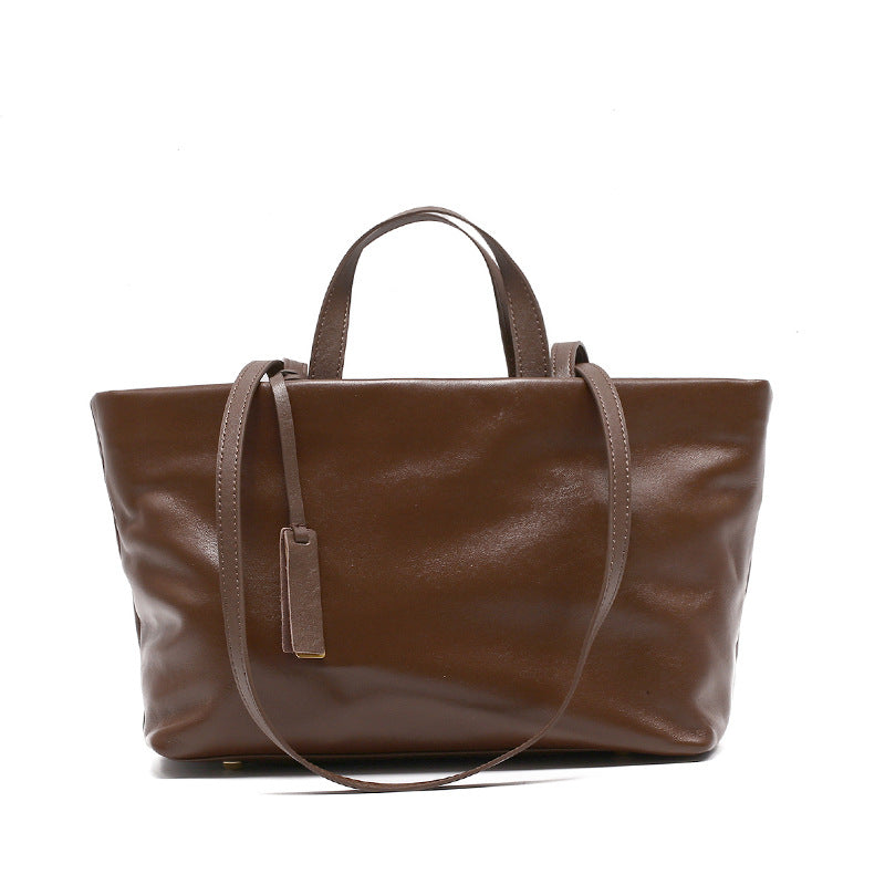 French Vintage Genuine Leather Tote Bag for Women Commuter Shoulder Handbag, Trendy Versatile Purse with Timeless Parisian Elegance