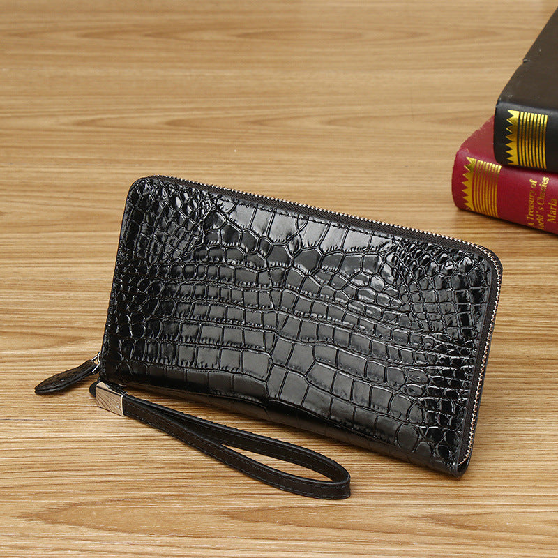 New Arrival Genuine Leather Croc-Effect Clutch Bag for Men, A Large Capacity Single-Zip Wallet with Distressed Finish, Perfect Business Handbag