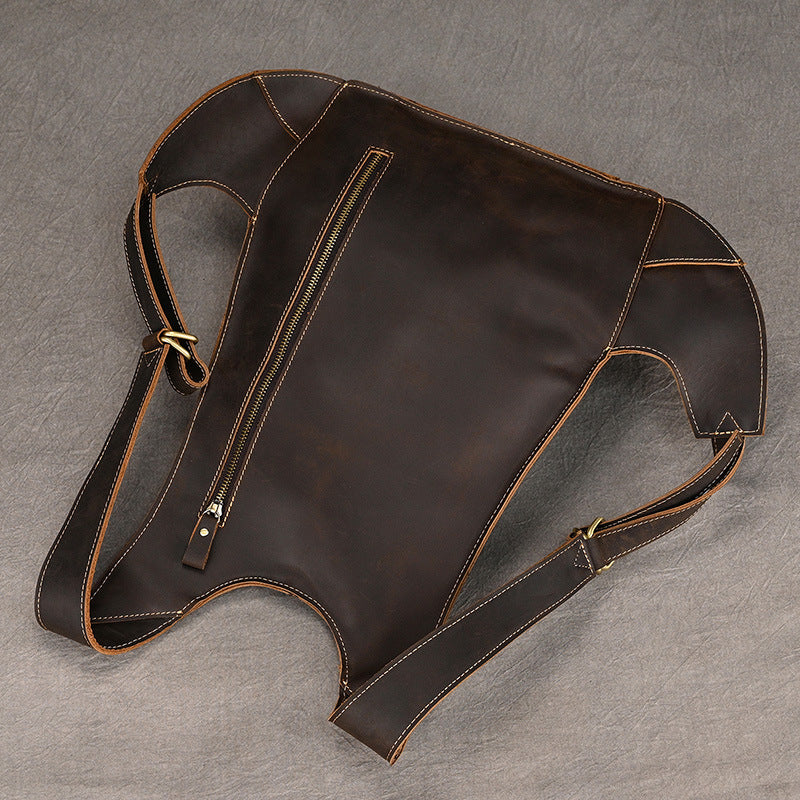 Crazy Horse Leather Vest Style Backpack, Cool Brown Bicycle Sports Daypack, Unique Genuine Cowhide Bag for Men