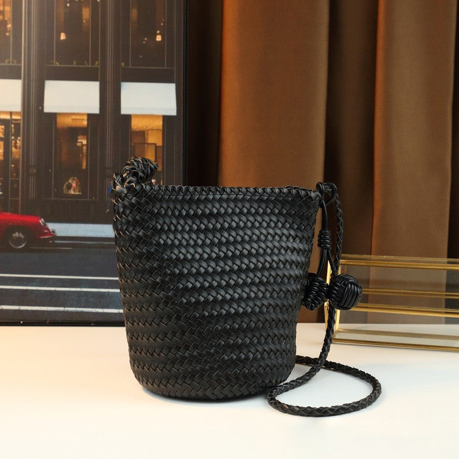 Handwoven Bucket Basket Bag for Women Casual Shoulder Crossbody Handbag, Minimalist Purse with Natural Woven Texture