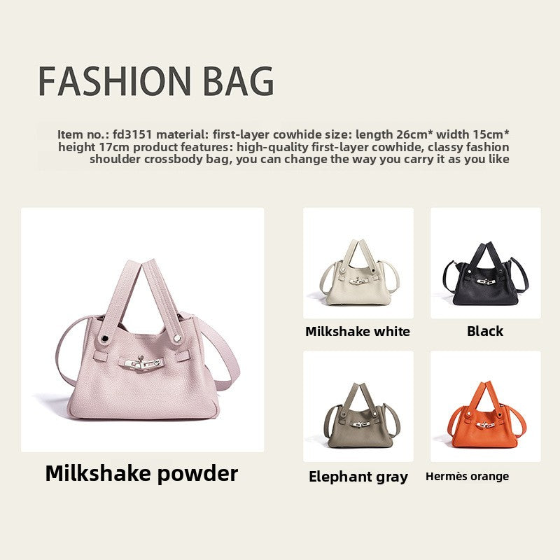 Genuine Top Layer Cowhide Kelly-Style Basket Bag for Women, Niche Design Commute Shoulder Crossbody Top Handle Purse, Versatile Bucket Handbag for Ladies