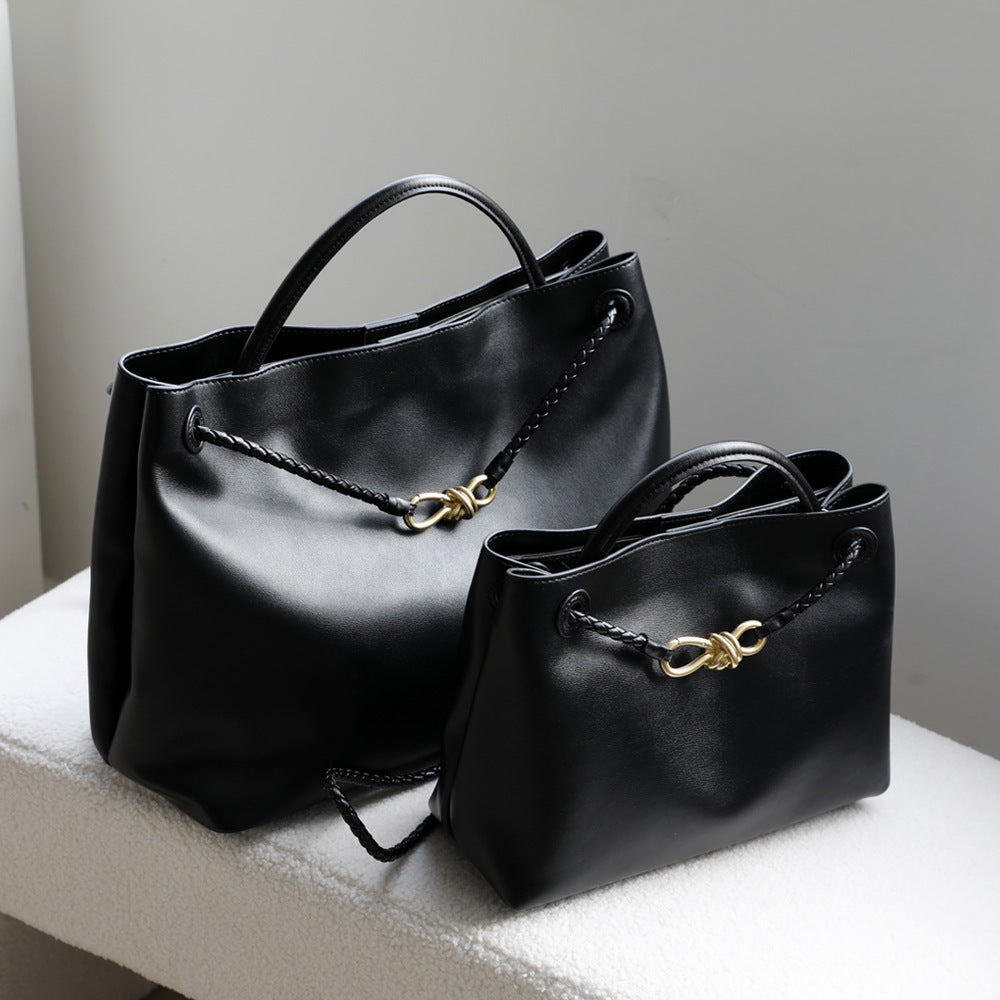 Metal Bow Tote Bag for Women Genuine Cowhide Leather Large Capacity Shoulder Handbag, Elegant Hardware Accent with Versatile Style