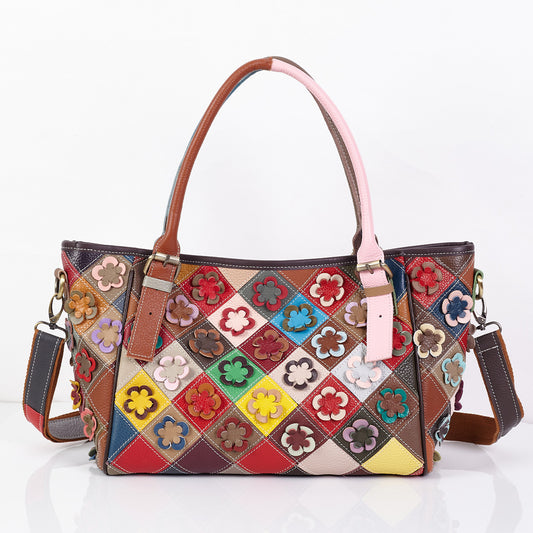 Premium Genuine Leather Patchwork Quilted Tote for Women | Vintage Floral Design Shoulder Cross-Body Handbag with Unique Artistic Stitching | Versatile 2-in-1 Carry Bag for Work, Errands & Everyday Chic | Trendy Statement Purse with Timeless Retro Fl