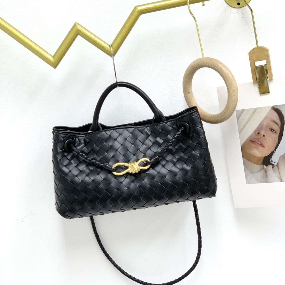 Genuine Leather Horizontal Woven Bag for Women, New Spring Summer Commute Shoulder Crossbody Top Handle Purse with Metal Rope Buckle, Trendy Handbag for Ladies