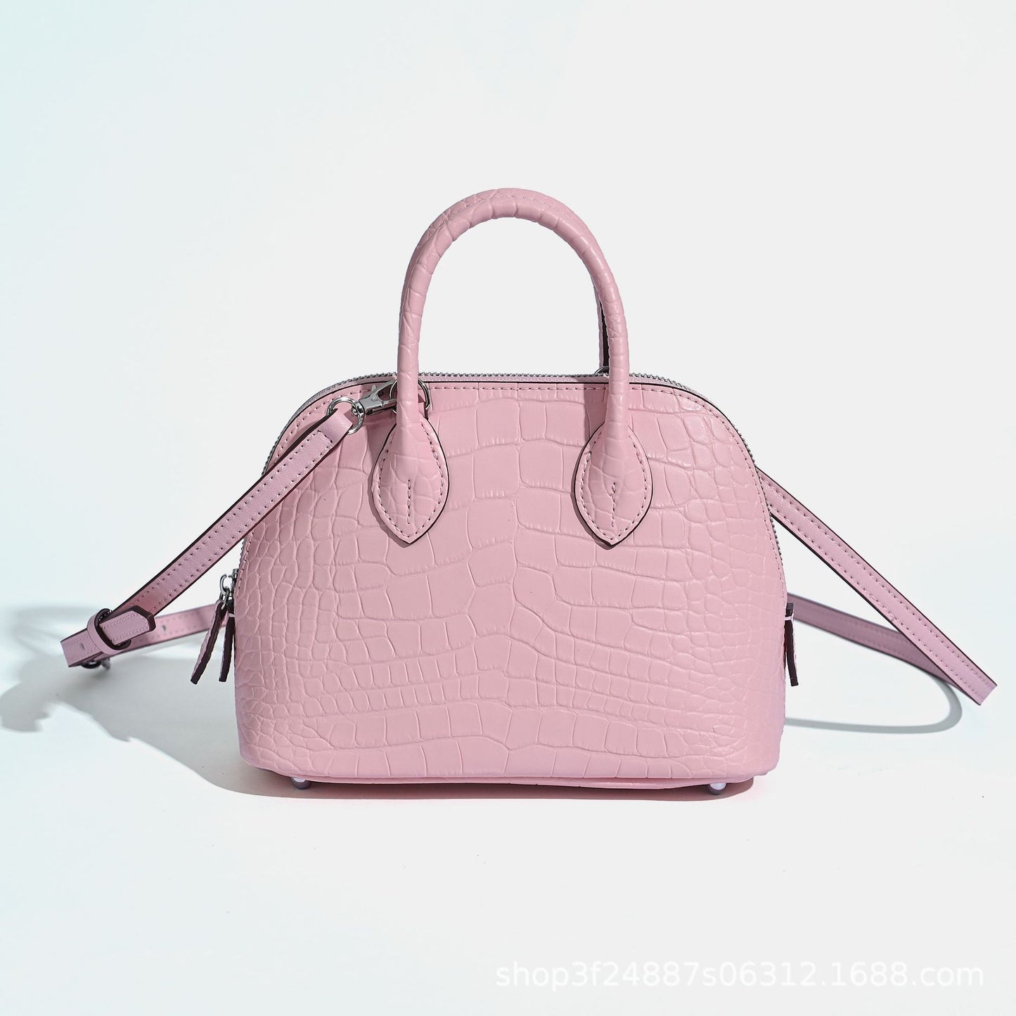 New Arrival Croc-Effect Genuine Leather Bowling Shell Bag for Women, A Mini Top-Handle Crossbody Commuter Handbag with Trendy Versatile Design