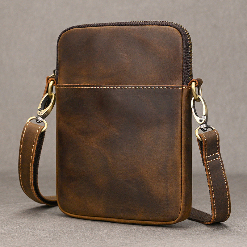 Genuine Top Layer Cowhide Small Square Bag for Men, Lightweight Casual Crossbody Shoulder Purse, Outdoor Phone Umbrella Pouch for Gentlemen