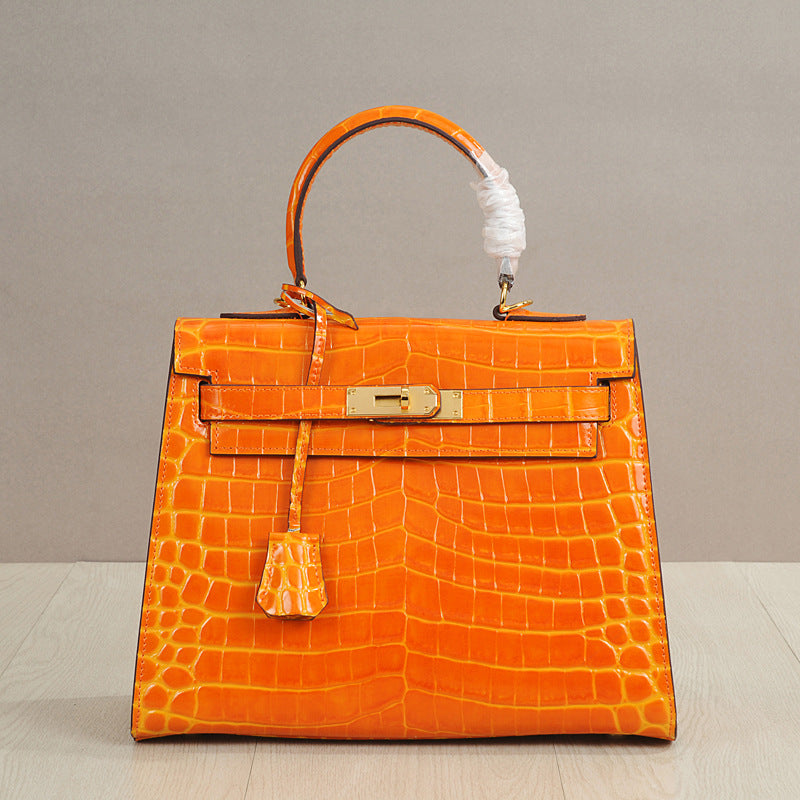 Genuine Leather Crocodile-Embossed Kelly-Style Handbag for Women, New Spring Summer Top Handle Crossbody Purse, Premium Elegant Shoulder Bag for Ladies
