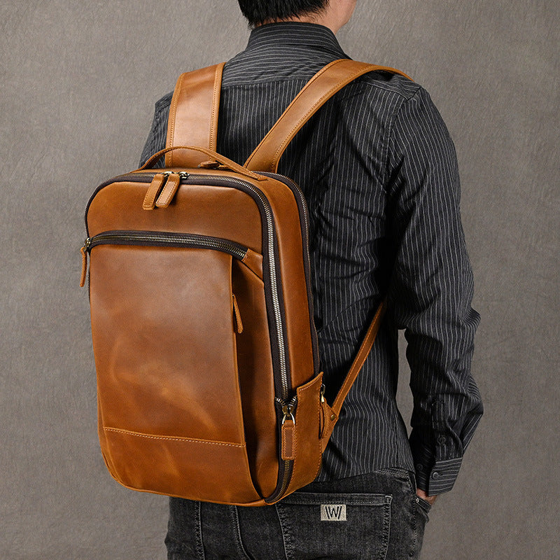 Double Zipper Main Pocket Crazy Horse Leather Backpack, Large Capacity Casual Travel Daypack, Genuine Cowhide Bag for Men