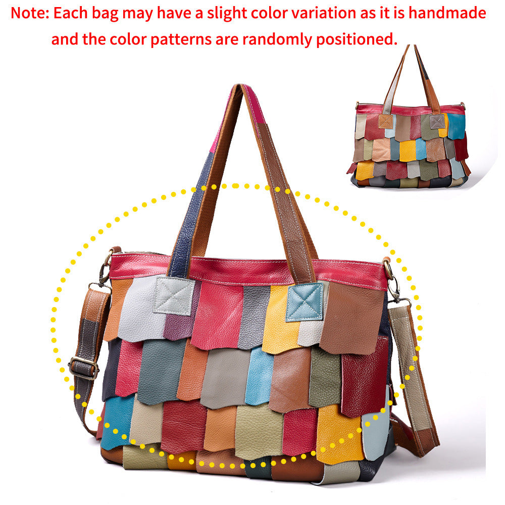 Genuine Leather Slouchy Large Capacity Tote Bag for Women, New Fashionable Patchwork Color Block Shoulder Crossbody Purse, Versatile Casual Handbag for Ladies