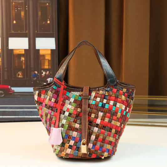 Vintage Colorful Woven Bucket Bag for Women Large Capacity Shoulder Handbag, Color-Block Versatile Purse with Artisan Craftsmanship