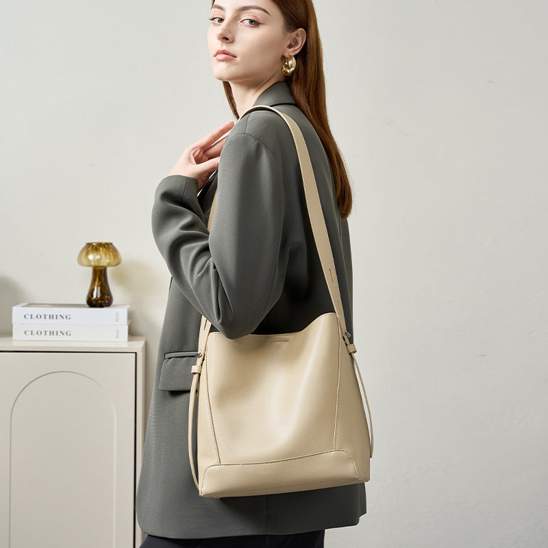 Genuine Leather Bucket Bag for Women, New Large Capacity Commute Shoulder Crossbody Purse, Premium Everyday Handbag for Ladies