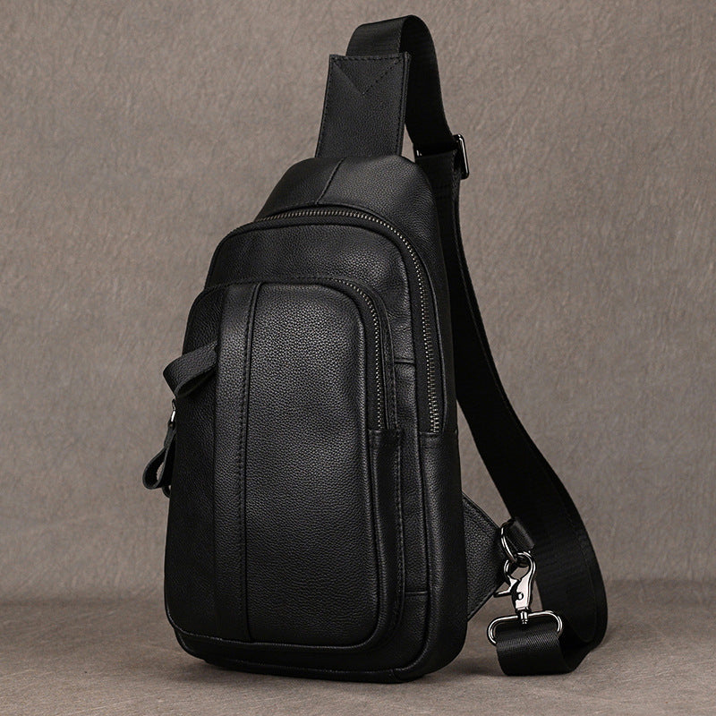Black Genuine Leather Large Capacity Chest Bag, Crossbody Shoulder Backpack Fits iPad, Casual Work Commute Bag for Men