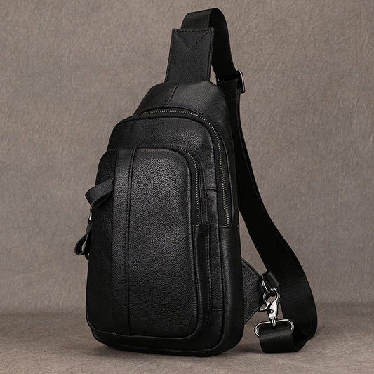 Black Genuine Leather Large Capacity Chest Bag, Casual Crossbody Shoulder Pouch Fits iPad, Premium Cowhide Travel Pack for Men